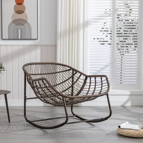 Fauteuil à Bascule 111x94,5x80 Cm, Grand Confort, Rotin Synthétique, Structure Acier, Gris