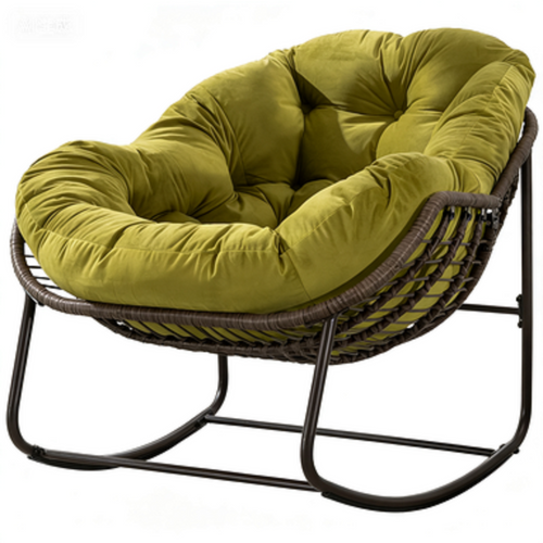 Fauteuil à Bascule 111x94.5x80 Cm, Grand Modèle En Rotin Synthétique, Structure Acier, Vert Olive