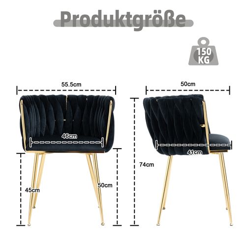 Lot De 2 Chaises 55.5x41x74 Cm, Dossier Tissé En Demi-arc, Pieds Métal, Velours, Noir+doré