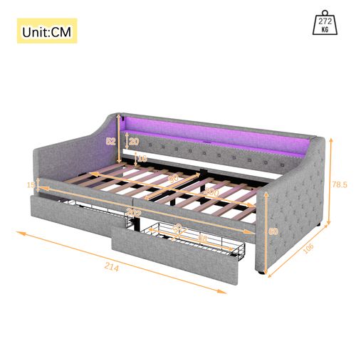 Lit Simple 90x200 Cm, LED Télécommandé, 2 Tiroirs Et Port USB, Design, Lin Et Mdf, Gris