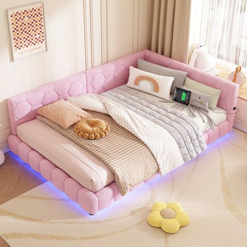 Canapé-lit Double 140x200 Cm Avec LED, Ports USB Et Type C, Lit Adulte, Tissu Bouclette Rose