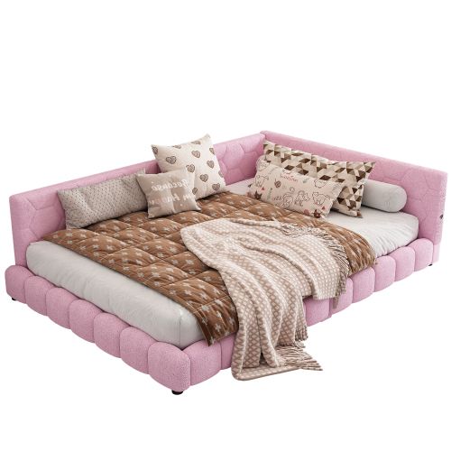 Canapé-lit Double 140x200 Cm Avec LED, Ports USB Et Type C, Lit Adulte, Tissu Bouclette Rose