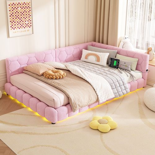 Canapé-lit Double 140x200 Cm Avec LED, Ports USB Et Type C, Lit Adulte, Tissu Bouclette Rose