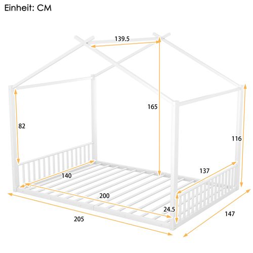 Lit Enfant Double 140x200 Cm, Lit Cabane Moderne, Design Simple, Forme Maison Ludique, Métal Blanc