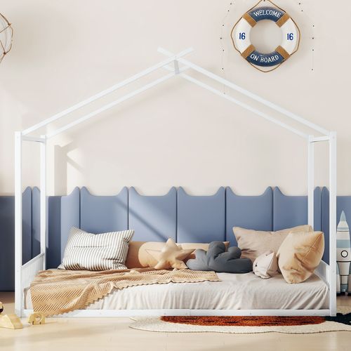 Lit Enfant Double 140x200 Cm, Lit Cabane Moderne, Design Simple, Forme Maison Ludique, Métal Blanc