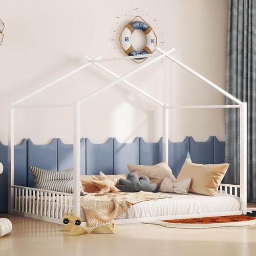 Lit Enfant Double 140x200 Cm, Lit Cabane Moderne, Design Simple, Forme Maison Ludique, Métal Blanc
