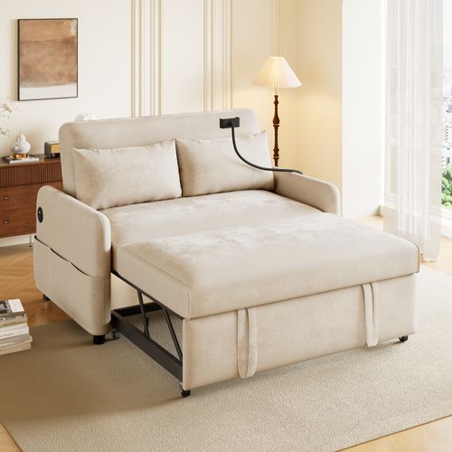 Canapé Gigogne Extensible 76/163x129x81cm, Dossier Réglable, Tissu Chenille, Fer, Bois, Gris