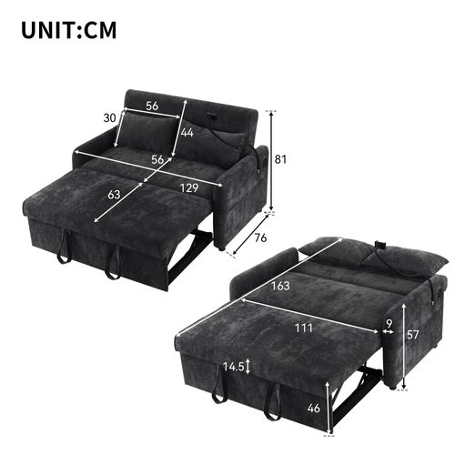 Canapé Extensible 76/163x129x81cm, 3 Positions Réglables, Ports USB, Rangement, Tissu Chenille, Noir