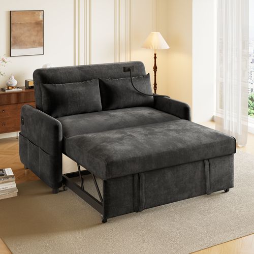 Canapé Extensible 76/163x129x81cm, 3 Positions Réglables, Ports USB, Rangement, Tissu Chenille, Noir