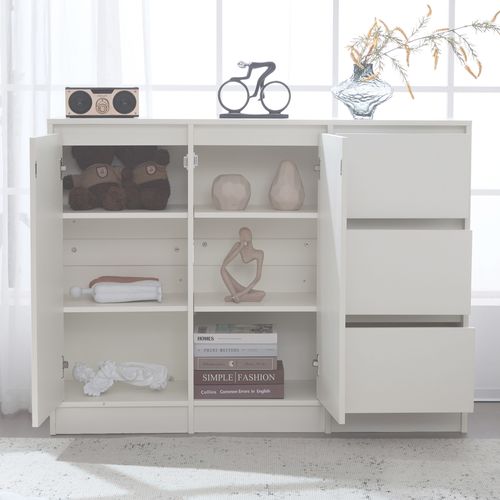 Buffet 120x35x90cm, 2 Portes, 3 Tiroirs, Anti-bascule, Tablettes Réglables, Aggloméré, Blanc