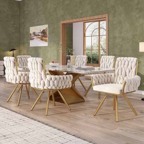 Lot De 6 Chaises 56x58x85 Cm, Dossier Haut Avec Rotation 360 Degrés, Métal, Velours, Beige