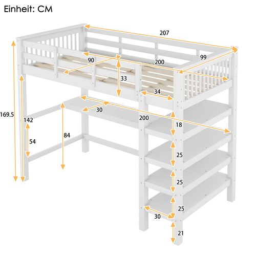 Lit Mezzanine Double 90x200 Cm, Bureau, Barrières De Sécurité, 4 Étagères, Bois De Pin Et Mdf, Blanc