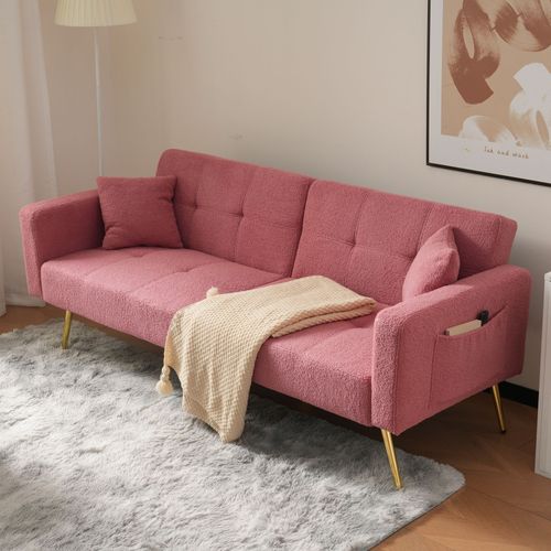 Clic Clac Canapé Convertible 2 Places 175x64x72 Cm, Dossier Réglable, 2 Poches, Tissu Sherpa, Rose