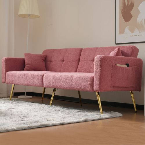 Clic Clac Canapé Convertible 2 Places 175x64x72 Cm, Dossier Réglable, 2 Poches, Tissu Sherpa, Rose