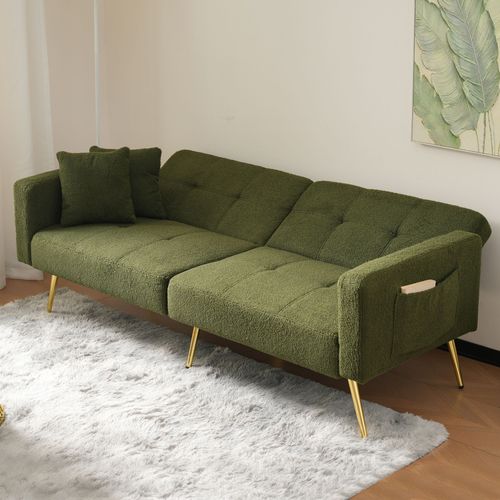 Clic Clac Canapé Convertible 2 Places 175x64x72 Cm, Dossier Réglable, 2 Poches, Tissu Sherpa, Vert