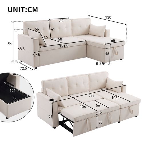 Canapé Convertible 211x130x86 Cm, Rangement Coffre, Tissu Coton-lin, Bois, Métal, Beige