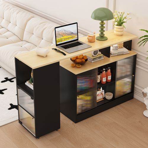 Table Bar Extensible 155x40x90 Cm, 3 Portes, 4 Niches, Grand Rangement, Mdf Et Verre, Noir