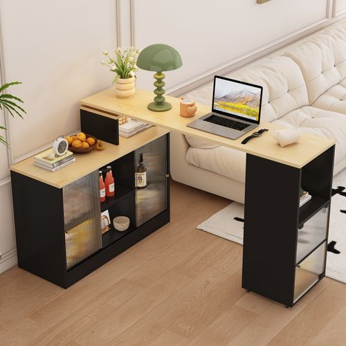 Table Bar Extensible 155x40x90 Cm, 3 Portes, 4 Niches, Grand Rangement, Mdf Et Verre, Noir