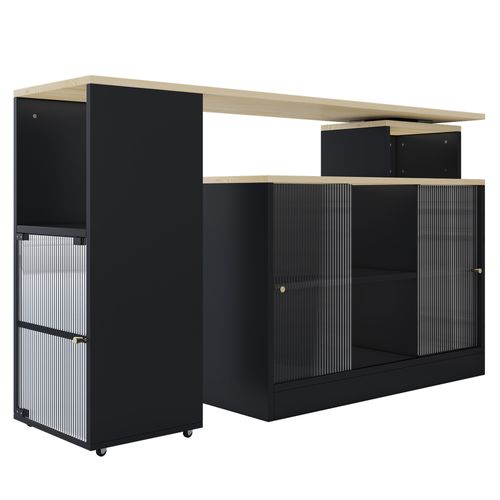Table Bar Extensible 155x40x90 Cm, 3 Portes, 4 Niches, Grand Rangement, Mdf Et Verre, Noir