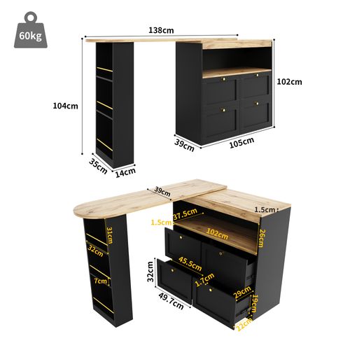 Table De Bar 138x39x104 Cm, 4 Tiroirs, 4 Compartiments, Rotative 360 Degrés, Mdf, Noir+bois