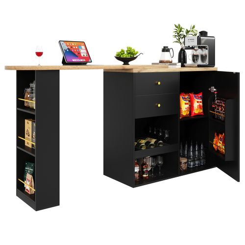 Table De Bar 138x39x104cm, Étagère Pivotante 360 Degrés, 2 Tiroirs, 5 Niches, Porte, Mdf, Noir+bois