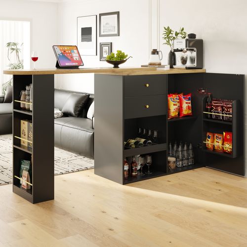 Table De Bar 138x39x104cm, Étagère Pivotante 360 Degrés, 2 Tiroirs, 5 Niches, Porte, Mdf, Noir+bois
