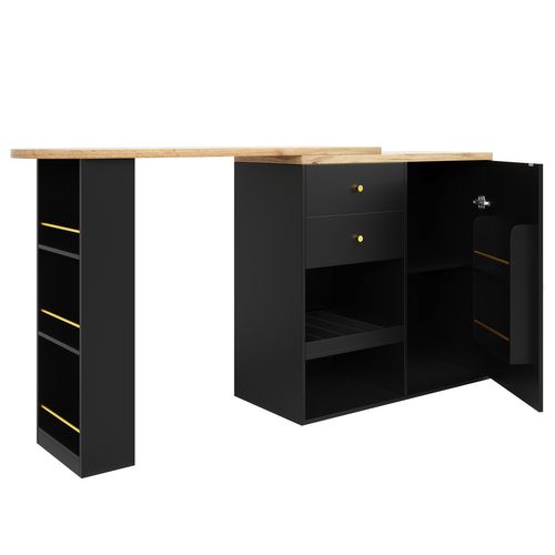 Table De Bar 138x39x104cm, Étagère Pivotante 360 Degrés, 2 Tiroirs, 5 Niches, Porte, Mdf, Noir+bois