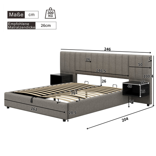 Lit Coffre Double 160x200 Cm, à Vérins Hydrauliques Et 2 Chevets, Bois, Lin, Gris Et Noir