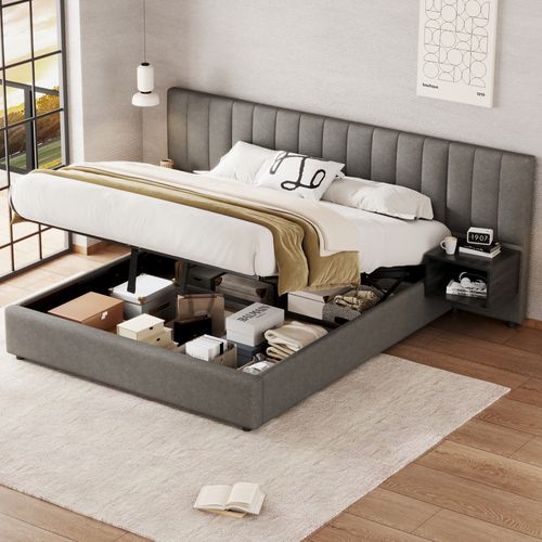 Lit Coffre Double 160x200 Cm, à Vérins Hydrauliques Et 2 Chevets, Bois, Lin, Gris Et Noir