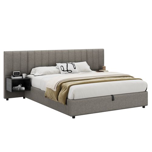 Lit Coffre Double 160x200 Cm, à Vérins Hydrauliques Et 2 Chevets, Bois, Lin, Gris Et Noir