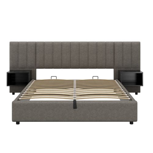 Lit Coffre Double 160x200 Cm, à Vérins Hydrauliques Et 2 Chevets, Bois, Lin, Gris Et Noir