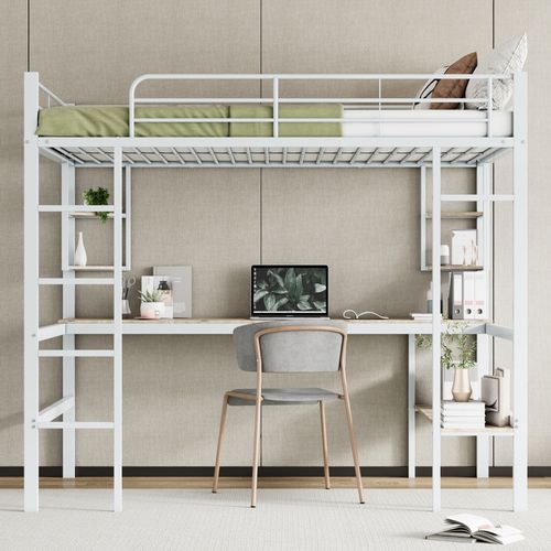 Lit Mezzanine Enfant 140x200 Cm Avec Bureau Et Rangement, Lit Double Simple, Métal Et Mdf, Blanc