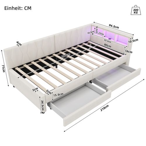 Lit De Jour Enfant 90x200 Cm, Canapé-lit, LED, Ports USB Et Type-c, 2 Tiroirs, 3 Niches, Lin Beige