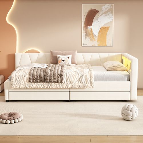 Lit De Jour Enfant 90x200 Cm, Canapé-lit, LED, Ports USB Et Type-c, 2 Tiroirs, 3 Niches, Lin Beige