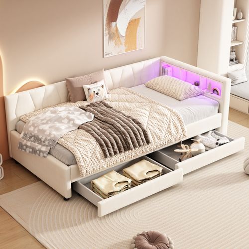 Lit De Jour Enfant 90x200 Cm, Canapé-lit, LED, Ports USB Et Type-c, 2 Tiroirs, 3 Niches, Lin Beige