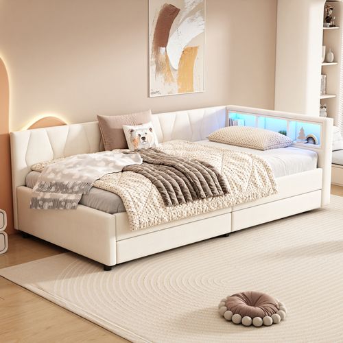 Lit De Jour Enfant 90x200 Cm, Canapé-lit, LED, Ports USB Et Type-c, 2 Tiroirs, 3 Niches, Lin Beige