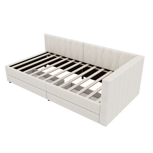 Lit De Jour Enfant 90x200 Cm, Canapé-lit, LED, Ports USB Et Type-c, 2 Tiroirs, 3 Niches, Lin Beige