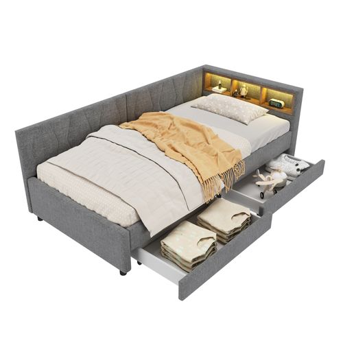 Lit Simple 90x200 Cm, LED Ambiante, 2 Tiroirs Spacieux, 3 Niches Ouverts, Tissu Lin Et Mdf, Gris