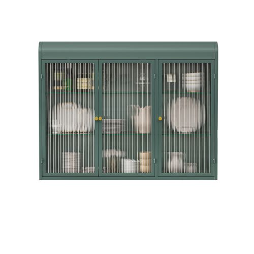 Vitrine Murale 3 Portes 90x20x70 Cm, Design Arqué, Verre Et Métal, Couleur Vert Foncé