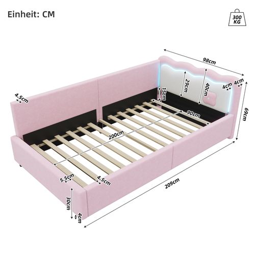 Lit Simple 90x200 Cm, Éclairage LED D'ambiance Avec Télécommande, Tissu Et Mdf, Rose