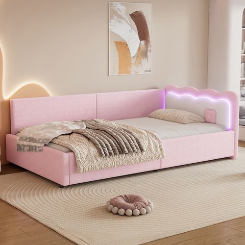 Lit Simple 90x200 Cm, Éclairage LED D'ambiance Avec Télécommande, Tissu Et Mdf, Rose