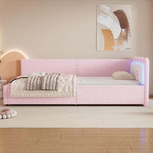 Lit Simple 90x200 Cm, Éclairage LED D'ambiance Avec Télécommande, Tissu Et Mdf, Rose