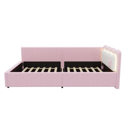 Lit Simple 90x200 Cm, Éclairage LED D'ambiance Avec Télécommande, Tissu Et Mdf, Rose