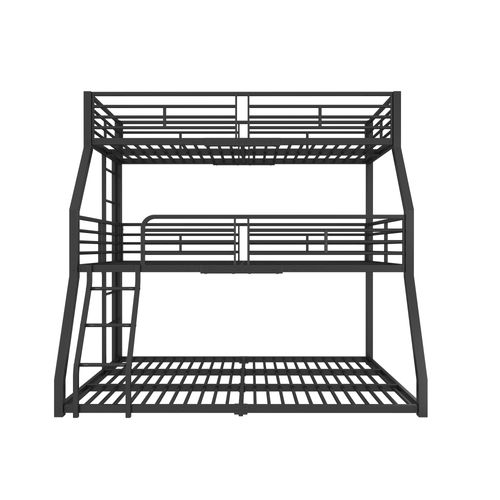Lit Superposé Triple 90x200 Cm, 3 Sommiers, Gain De Place Et Structure Robuste, Métal Noir