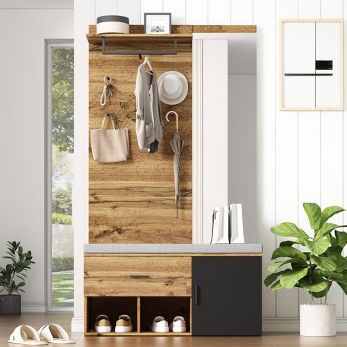 Vestiaire 104x39x190 Cm, Motif Bois, Miroir, Porte, Tiroir, Panneaux De Particules, Bois Foncé