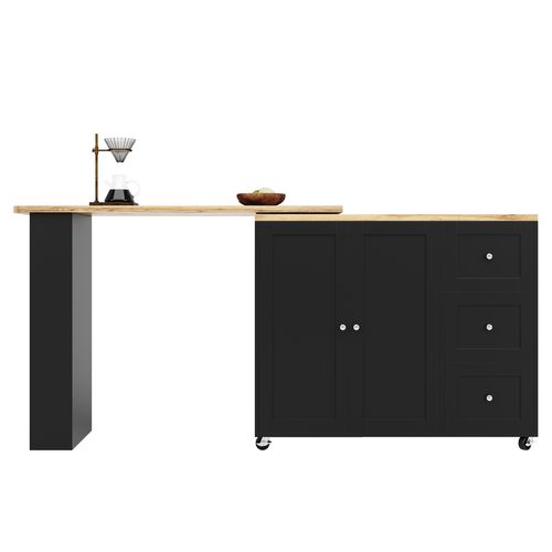 Bar Haute Rotative 135-203 X 39 X 106 Cm, Pivotante Sur Roulettes, Range En-cas, Mdf, Noir