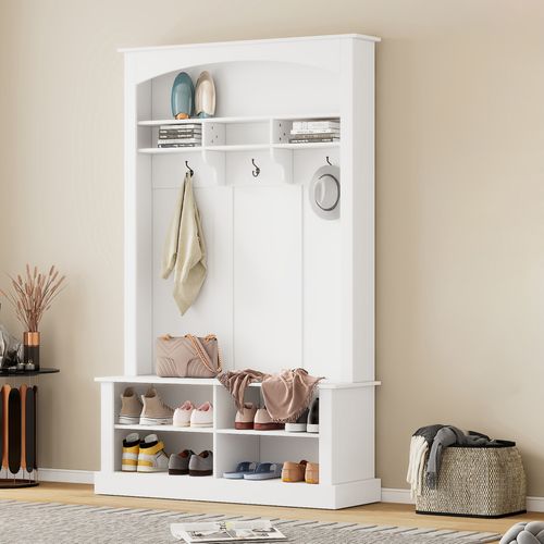 Meuble D'entrée 3 En 1, 120x40x190 Cm, Portemanteau, Banc Et Étagères, Panneau De Particules, Blanc