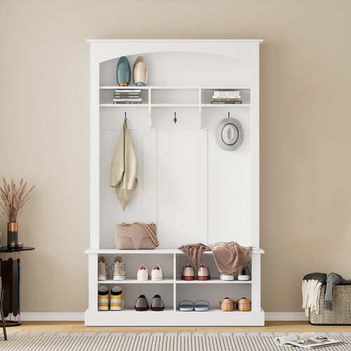 Meuble D'entrée 3 En 1, 120x40x190 Cm, Portemanteau, Banc Et Étagères, Panneau De Particules, Blanc
