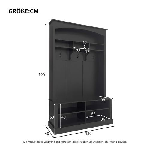 Meuble D'entrée 120x40x190 Cm, 3 En 1, Crochets, Étagères, 8 Niches, Panneaux De Particules, Noir