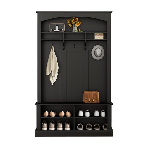 Meuble D'entrée 120x40x190 Cm, 3 En 1, Crochets, Étagères, 8 Niches, Panneaux De Particules, Noir